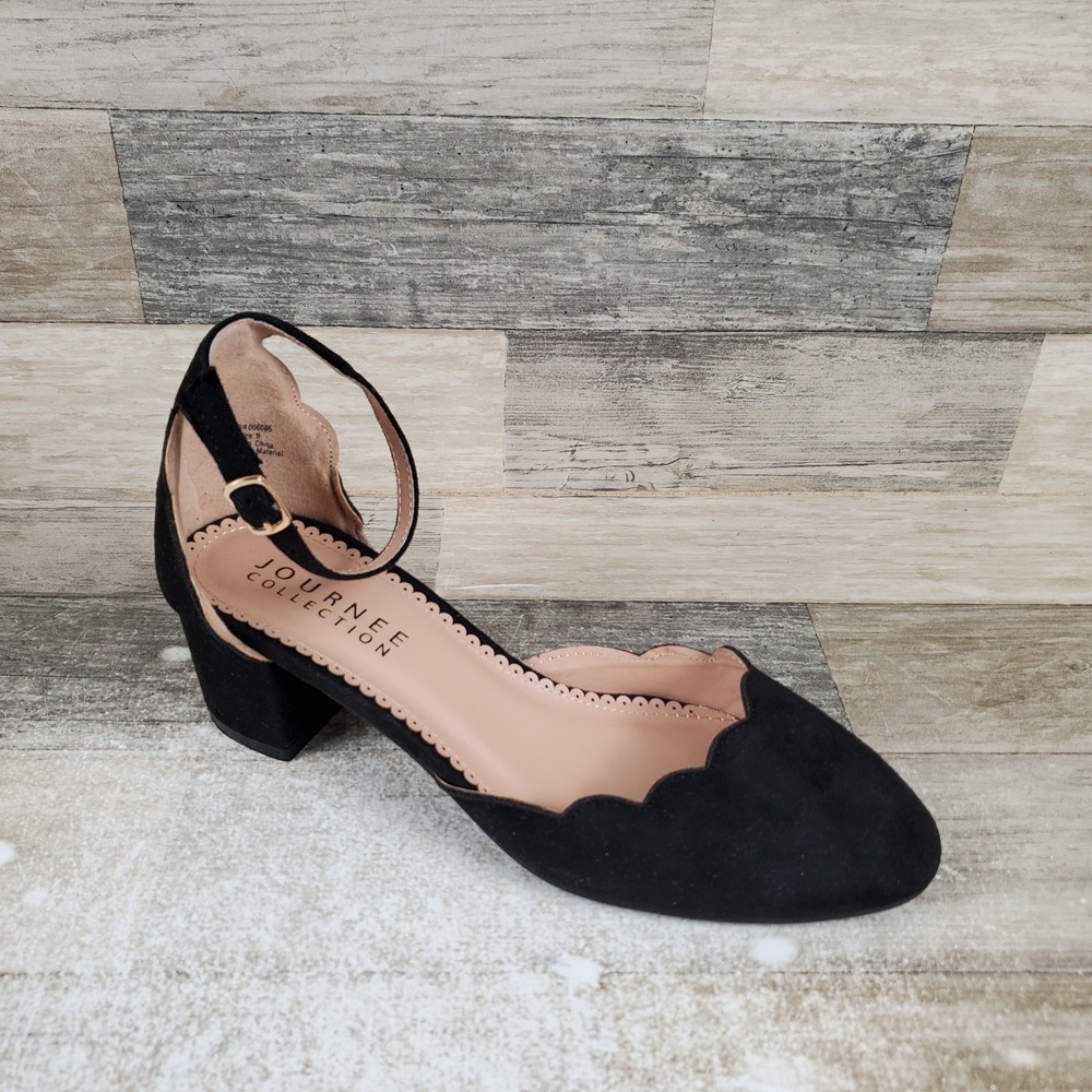 Journee Edna Womens Heel Pumps Sz 9 Black Suede Ankle Strap Round Toe Block Heel
